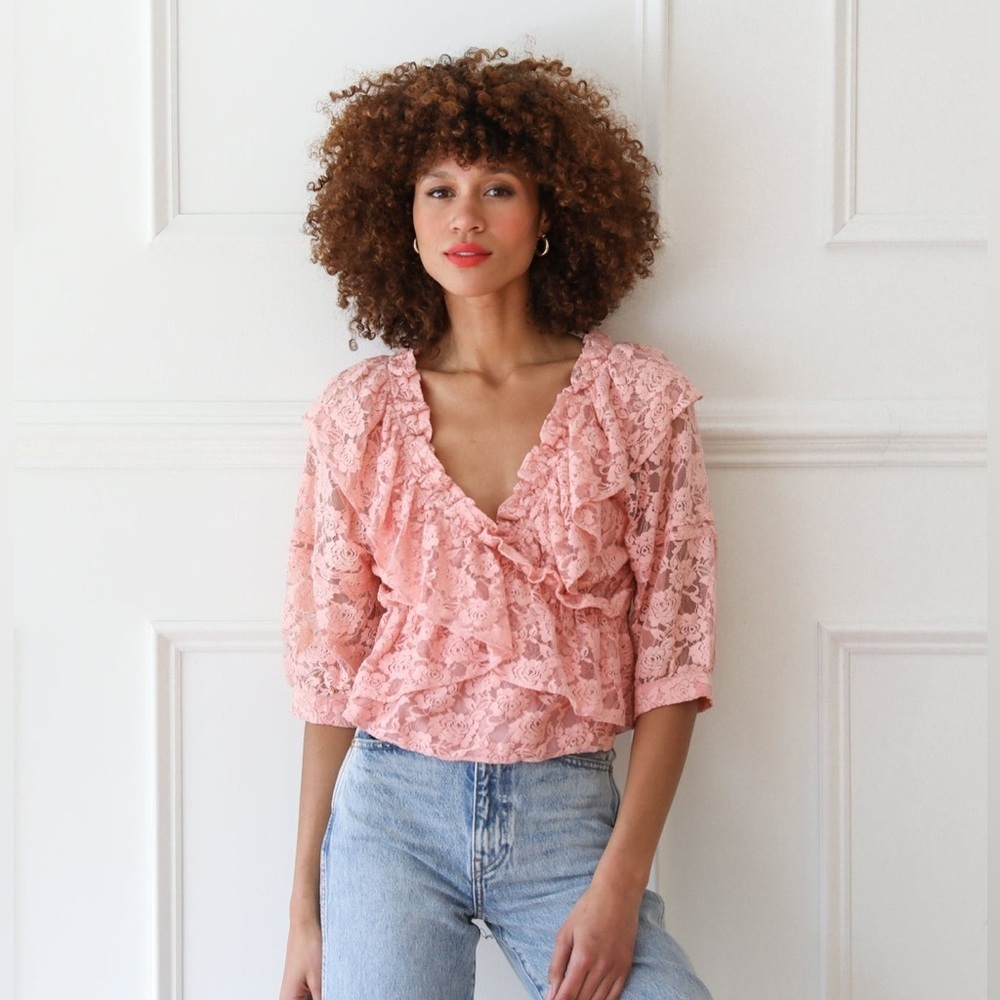 Lace Ruffle V-Neck Blouse - Cream (not pink!)